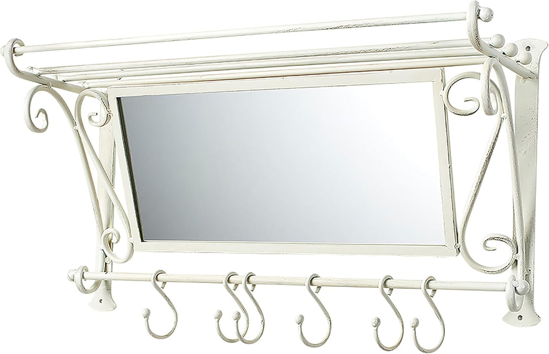Kobolo Garderobe Antik-Weiss mit Spiegel und 6 Haken Metall