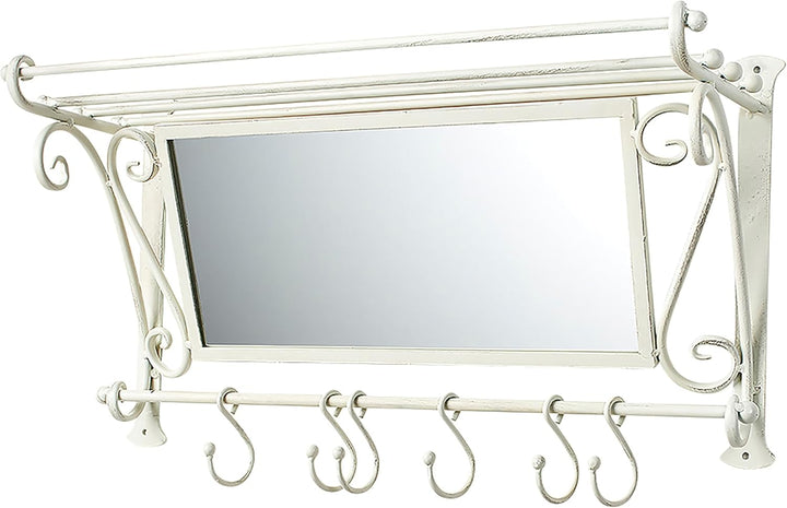 Kobolo Garderobe Antik-Weiss mit Spiegel und 6 Haken Metall