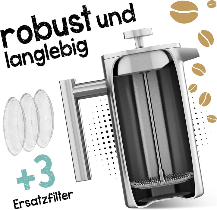 Premium French Press Edelstahl 1000 ml + 3 Ersatzfilter Stempelkanne isoliert Kaffeepresse 1l thermo