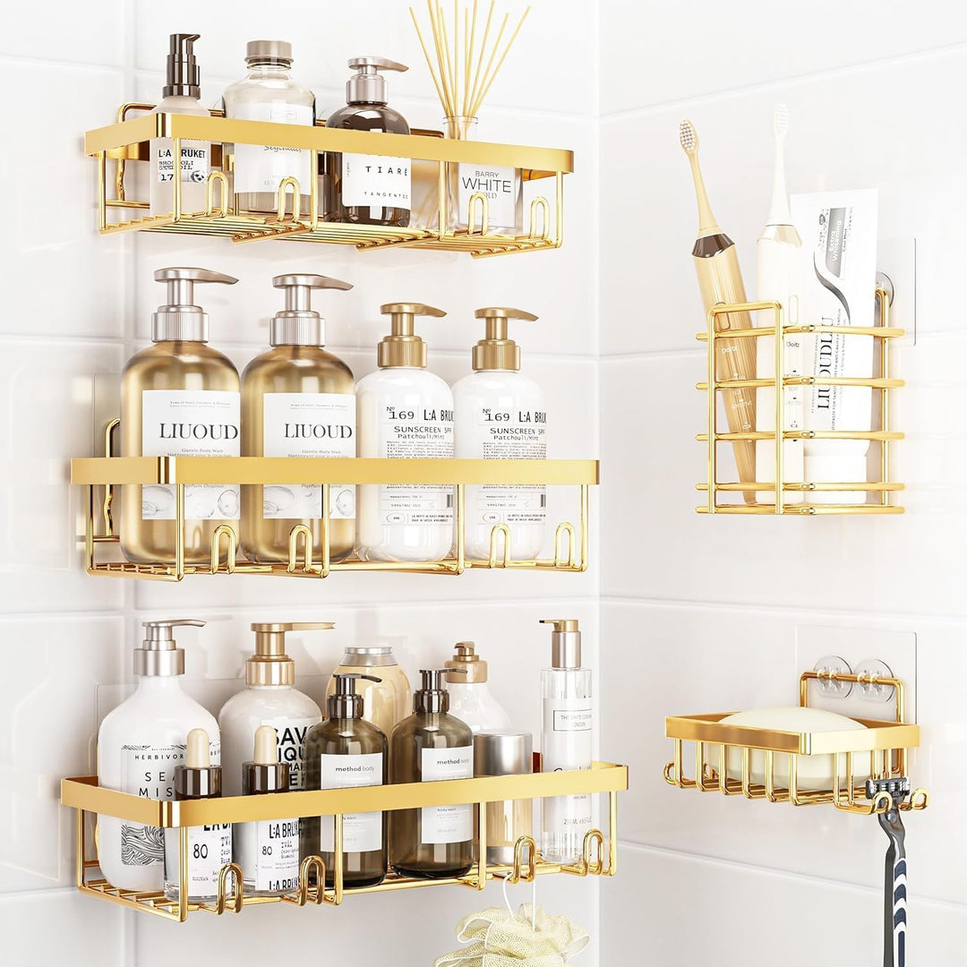 Duschablage Ohne Bohren Gold, 5 Stück Shampoo Halterung Für Dusche Mit Haken, Wiederverwendbar Edels