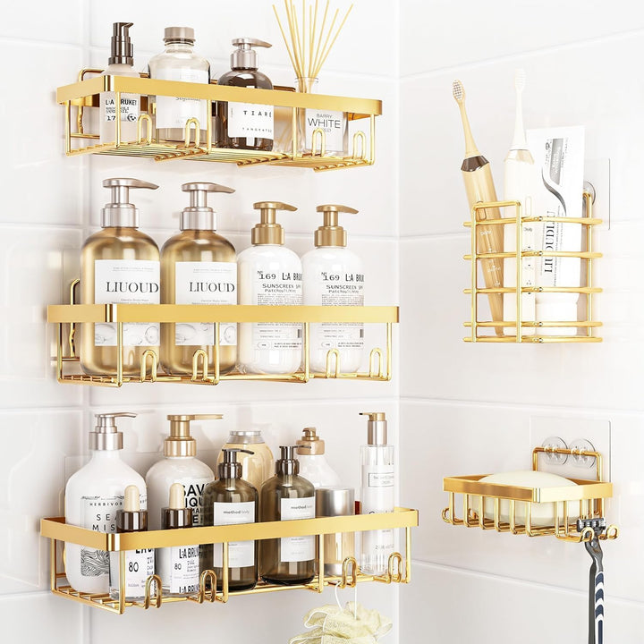 Duschablage Ohne Bohren Gold, 5 Stück Shampoo Halterung Für Dusche Mit Haken, Wiederverwendbar Edels