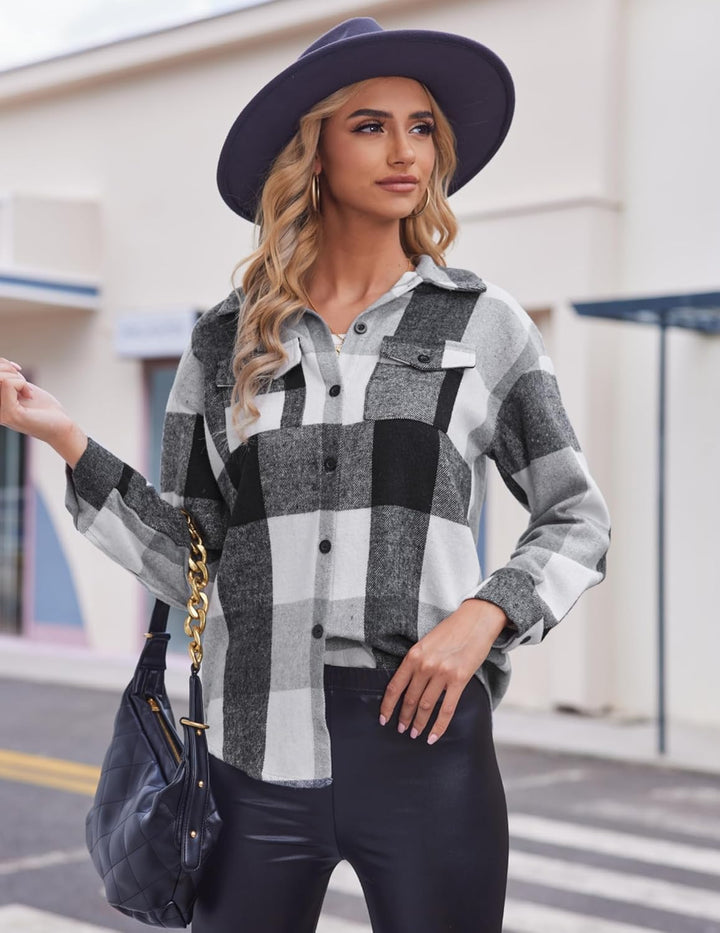 Zeagoo Damen Hemdjacke Karierte Flanellhemd Langarm Loose Shacket Flanell Bluse Jacke mit Knöpfen Üb