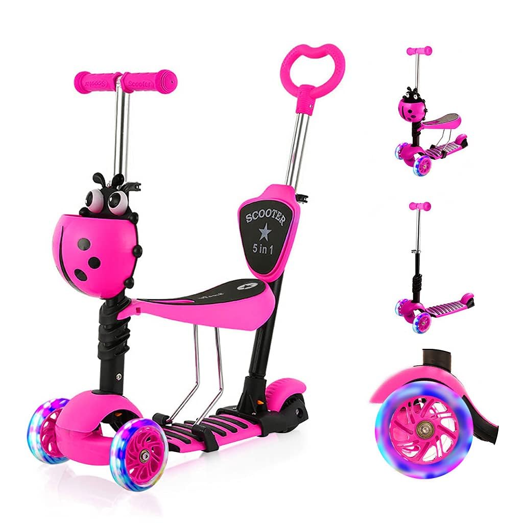 YOLEO 5-in-1 Kinder Roller Scooter mit Abnehmbarer Karikaturkorb Sitz Schubstange LED grosse Räder B