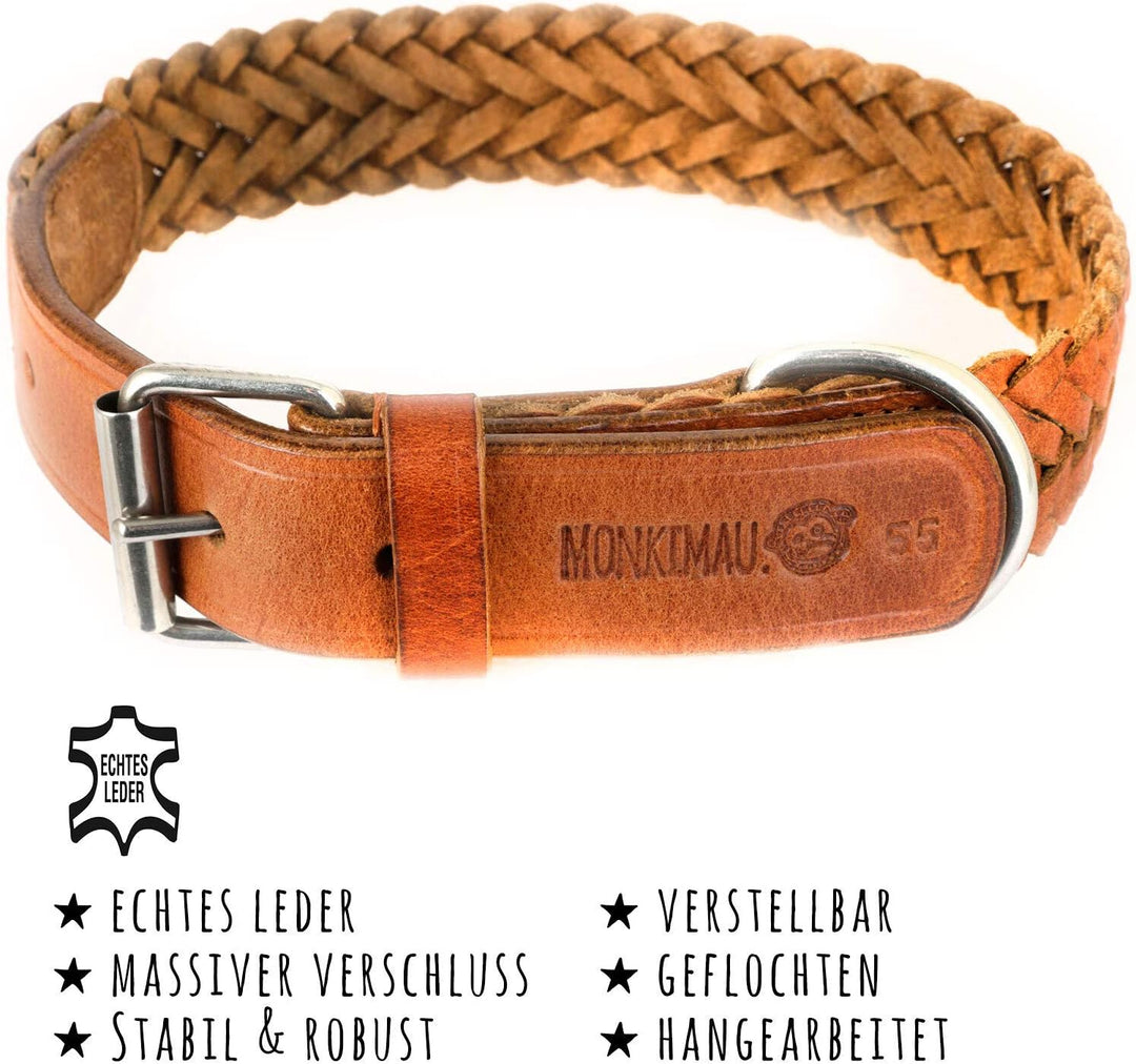 Monkimau Halsband für Hunde aus echt Leder geflochten verstellbar (S 27-33cm (20mm)) XS-S: 18mm x 40