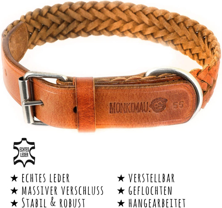 Monkimau Halsband für Hunde aus echt Leder geflochten verstellbar (S 27-33cm (20mm)) XS-S: 18mm x 40