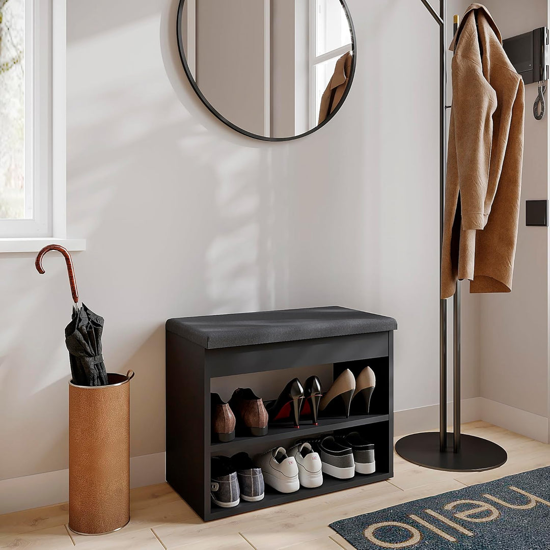 KOMTO Schuhbank mit Sitzfläche - Schuhregal Bank mit Stauraum Schwarz 60 x 48 x 32 cm Kleiner Schuhs