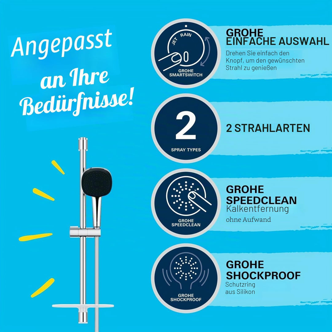 GROHE Vitalio 110, Duschset mit Ablage, 14l pro Min (Duschstangenset mit: Duschkopf 2 Strahlarten, 1