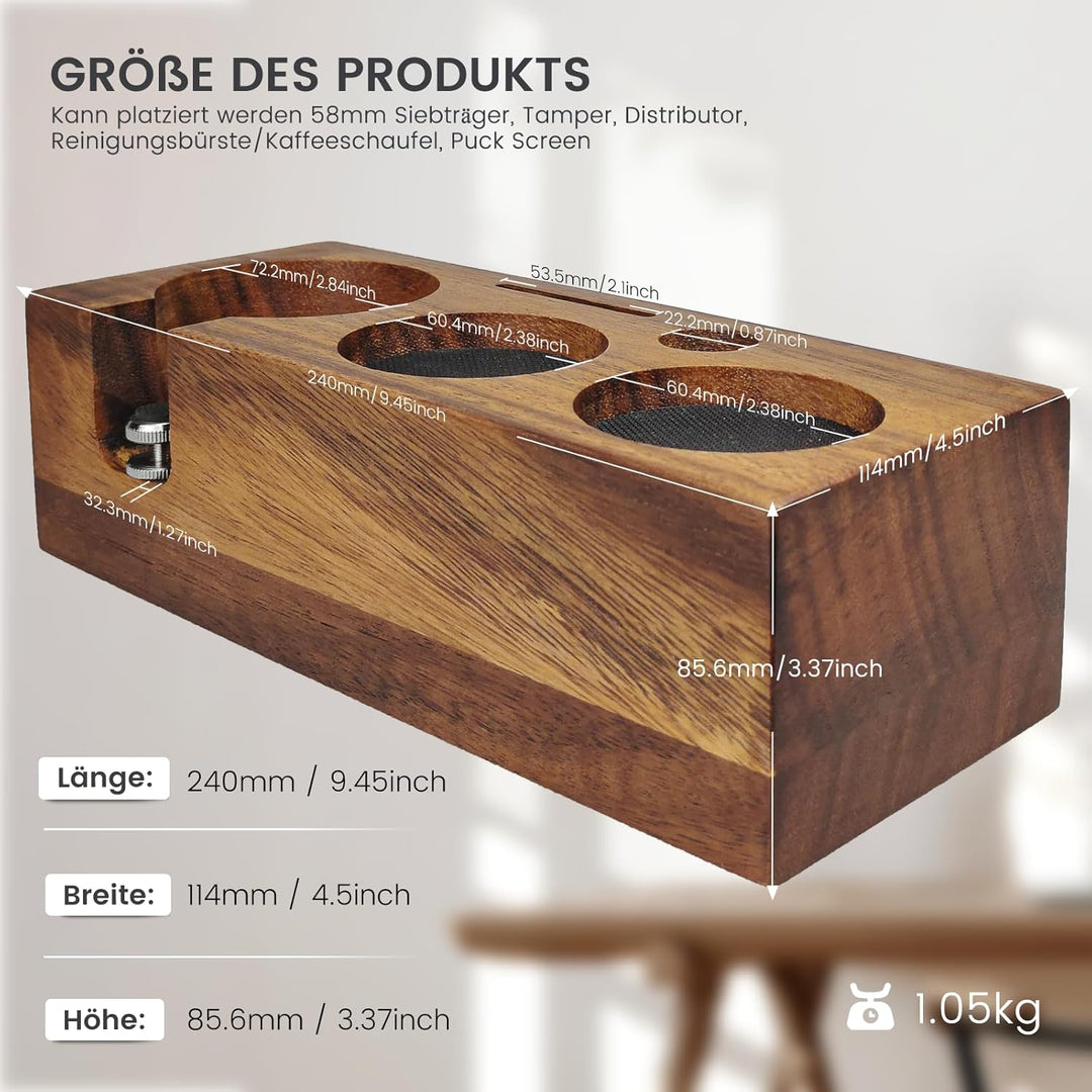 HOLIHOKY Tamperstation 58mm, Tamperstation Holz für Siebträger 58mm, Walnuss Barista Tamping Station