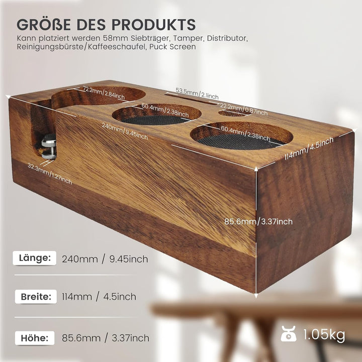 HOLIHOKY Tamperstation 58mm, Tamperstation Holz für Siebträger 58mm, Walnuss Barista Tamping Station
