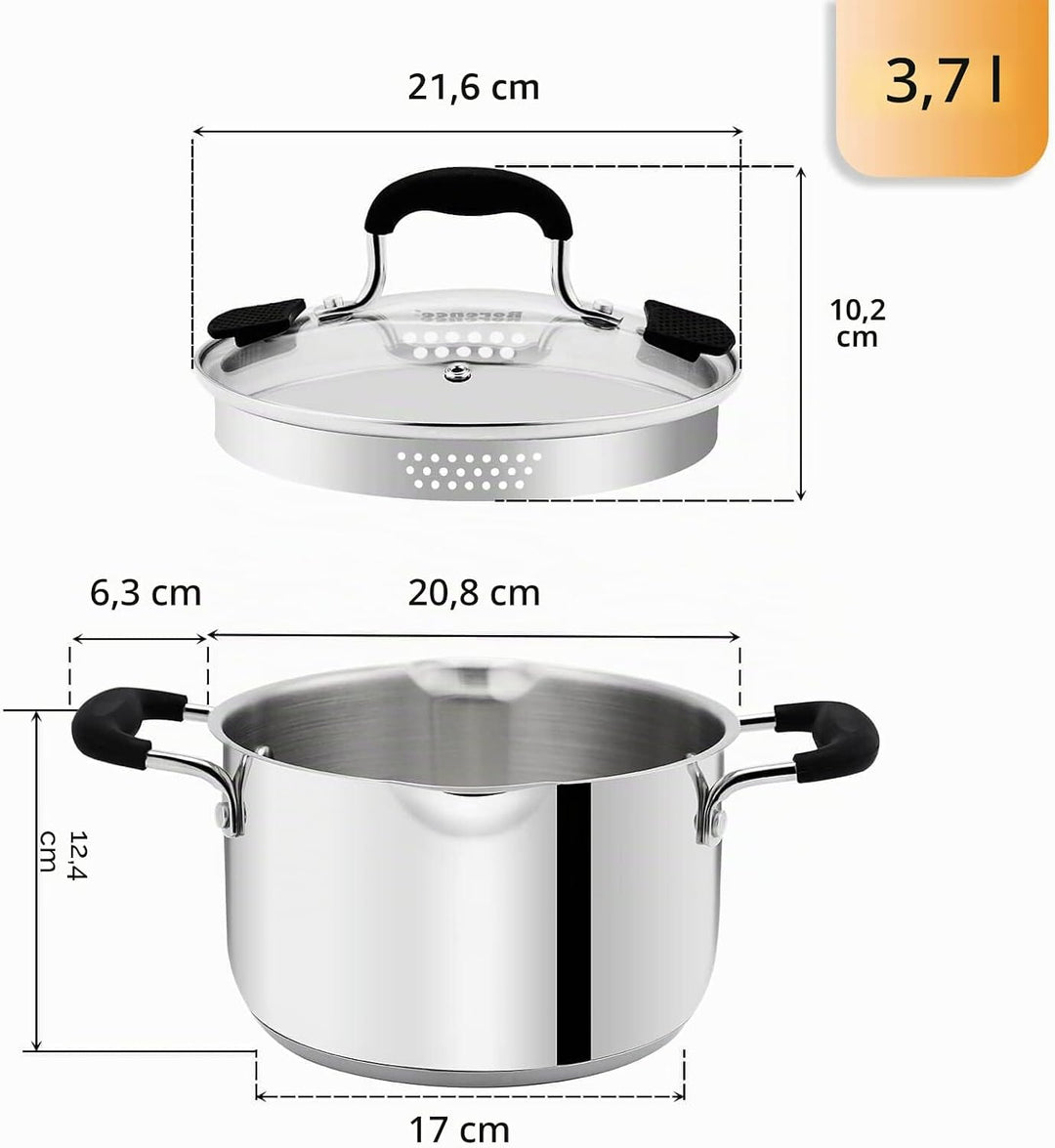 3.5L Edelstahl 18/8 Kochtopf Induktionsgeeignet für alle Herdarten, Glasdeckel mit Abgiesslöchern, S