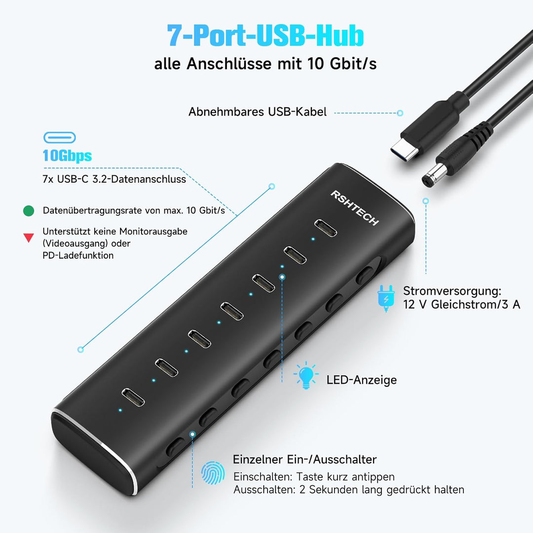 RSHTECH Alle 7 Anschlüsse sind USB-C Hub 3.2 mit Netzteil - Aktiver Verteiler 3.1 - Aktiv Schaltbaer