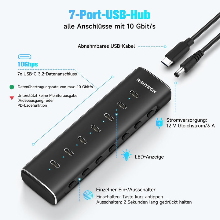 RSHTECH Alle 7 Anschlüsse sind USB-C Hub 3.2 mit Netzteil - Aktiver Verteiler 3.1 - Aktiv Schaltbaer