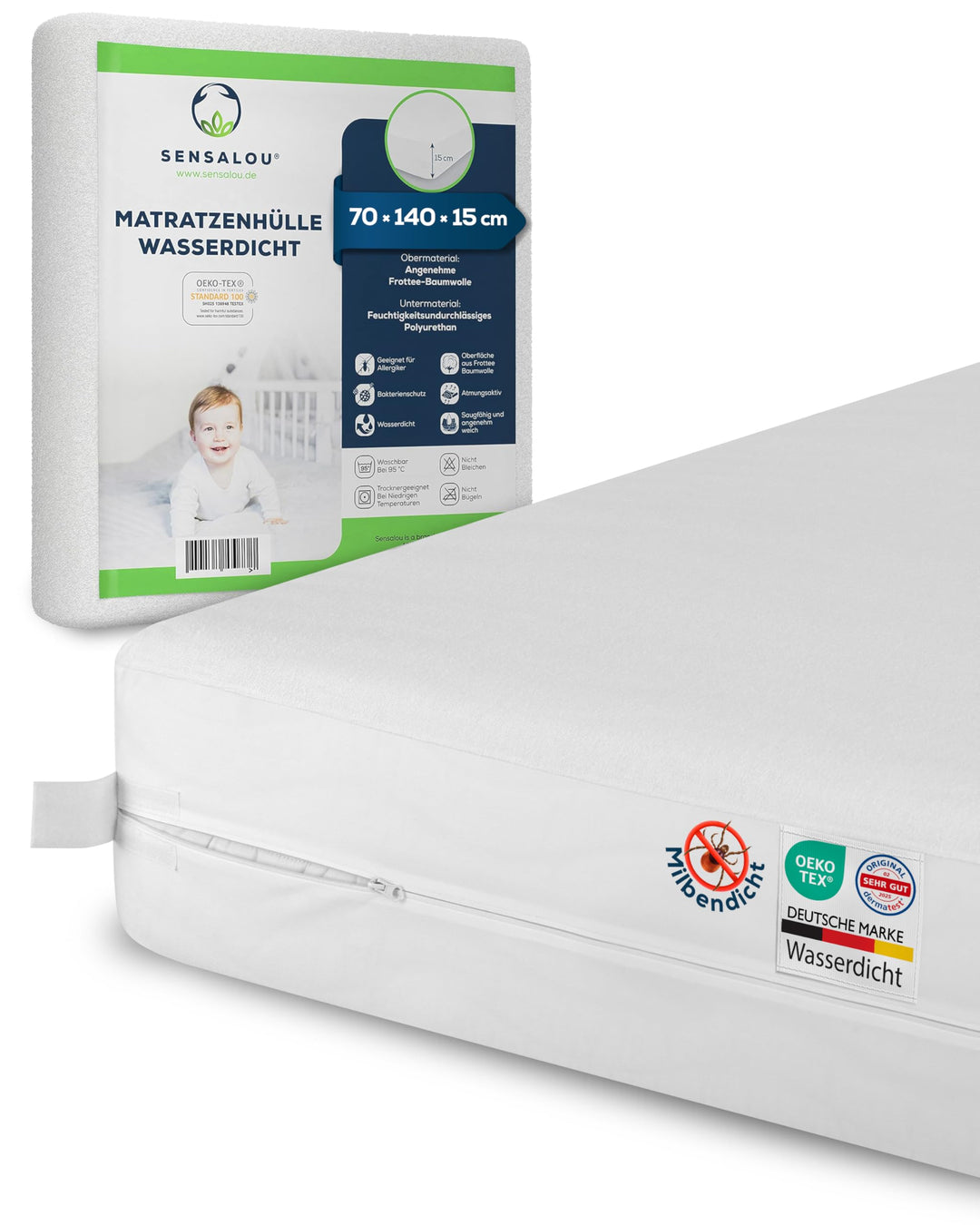 Sensalou Matratzenbezug Reissverschluss Encasing für Allergiker - 70 x 140 cm 1 70 x 140 x 15 cm, 1
