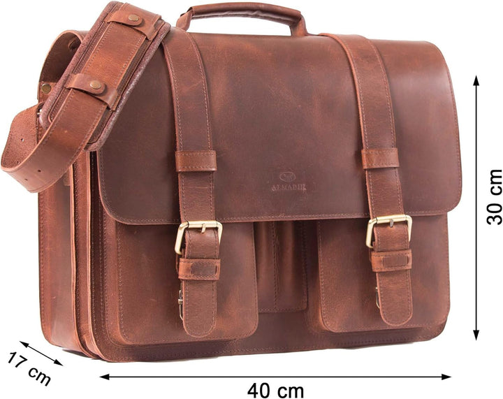 ALMADIH Leder Aktentasche ROY handgefertigt robust Premium Rindsleder braun Sattlerqualität Business