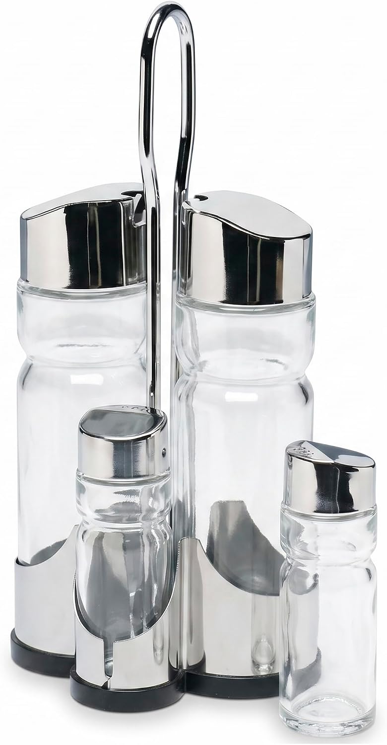Essig und Öl Spender Set - 2 x 175 mL Glasflaschen und Metallhalterung mit Salz- und Pfefferstreuer