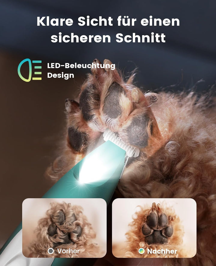 oneisall Pfotentrimmer für Hunde extra leise, Kabeloser Hundepfoten Trimmer mit LED-Licht, Wiederauf