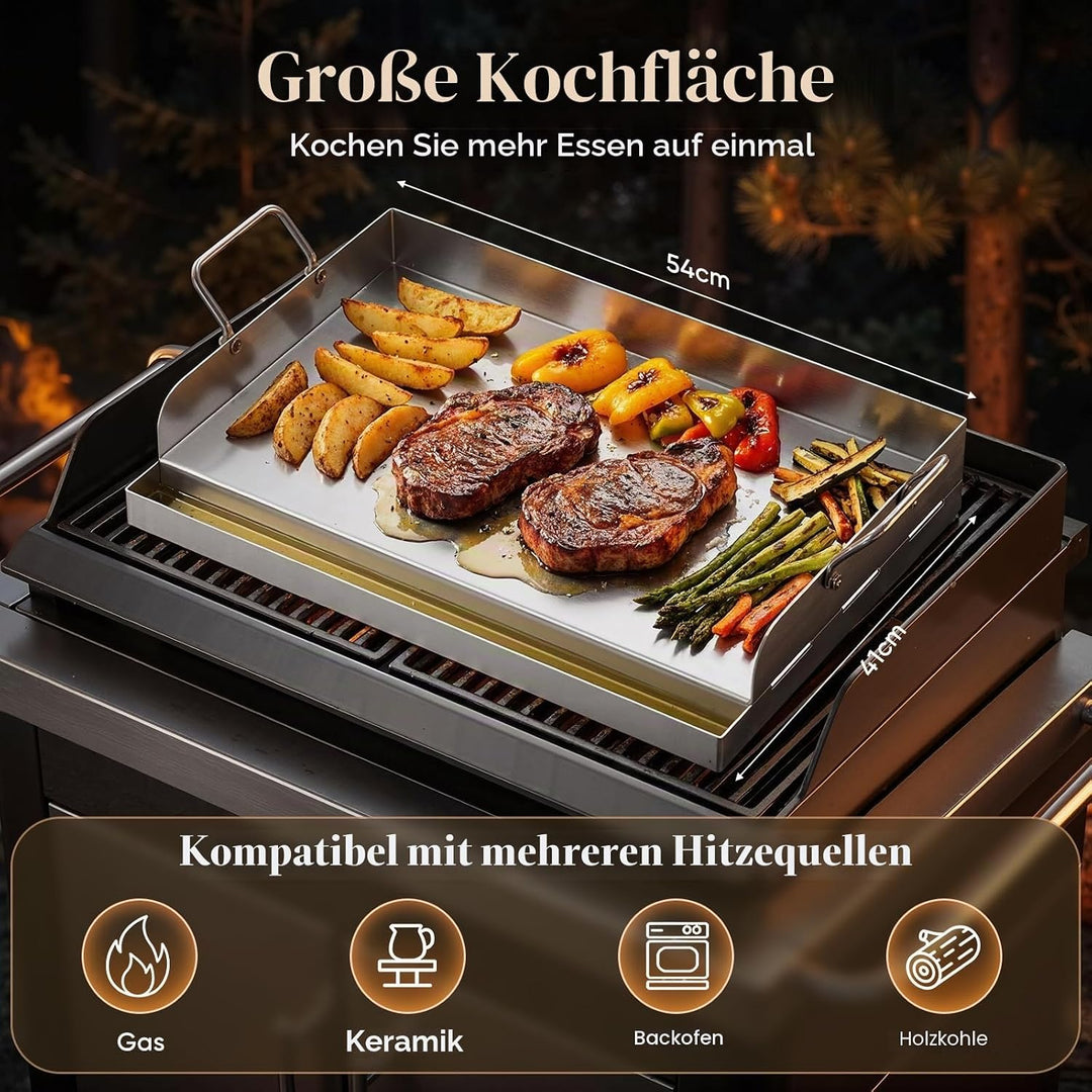 Plancha Grillplatte Edelstahl 47x32cm mit Fettrinne inkl.2 Spatel 40 x 30 x 0.2 cm, 40 x 30 x 0.2 cm