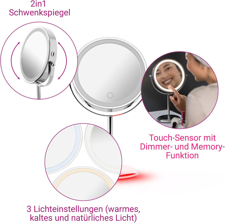 Medisana CM 844 Kosmetikspiegel mit Vergrösserung, Tischspiegel mit Beleuchtung, kabelloser Spiegel