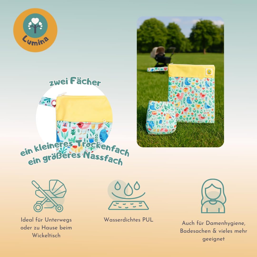 Lumina doppel Wetbag/Nasstasche mit 2 Fächern hochwertiger Zipper: Birdy Garden, Birdy Garden