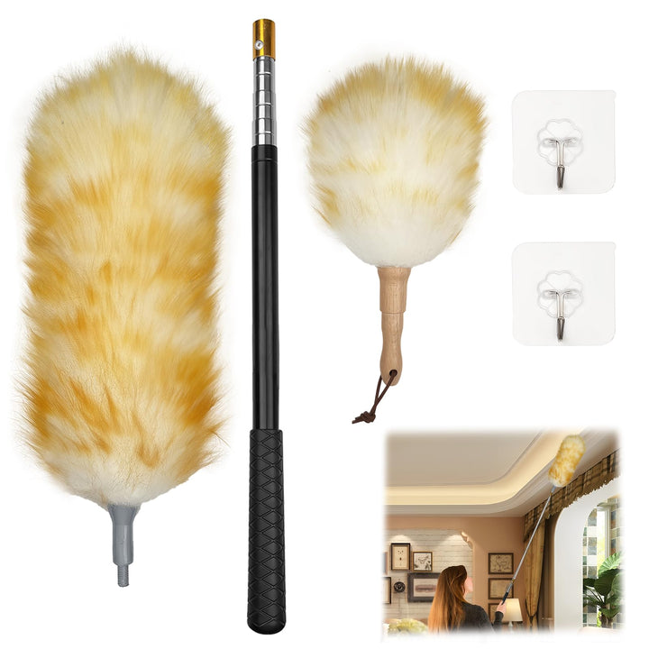 Lammwolle Staubwedel Set Mit Teleskopstange Bis 185cm, Waschbar – 2 Wedel (Gross & Klein) + Haken Fü