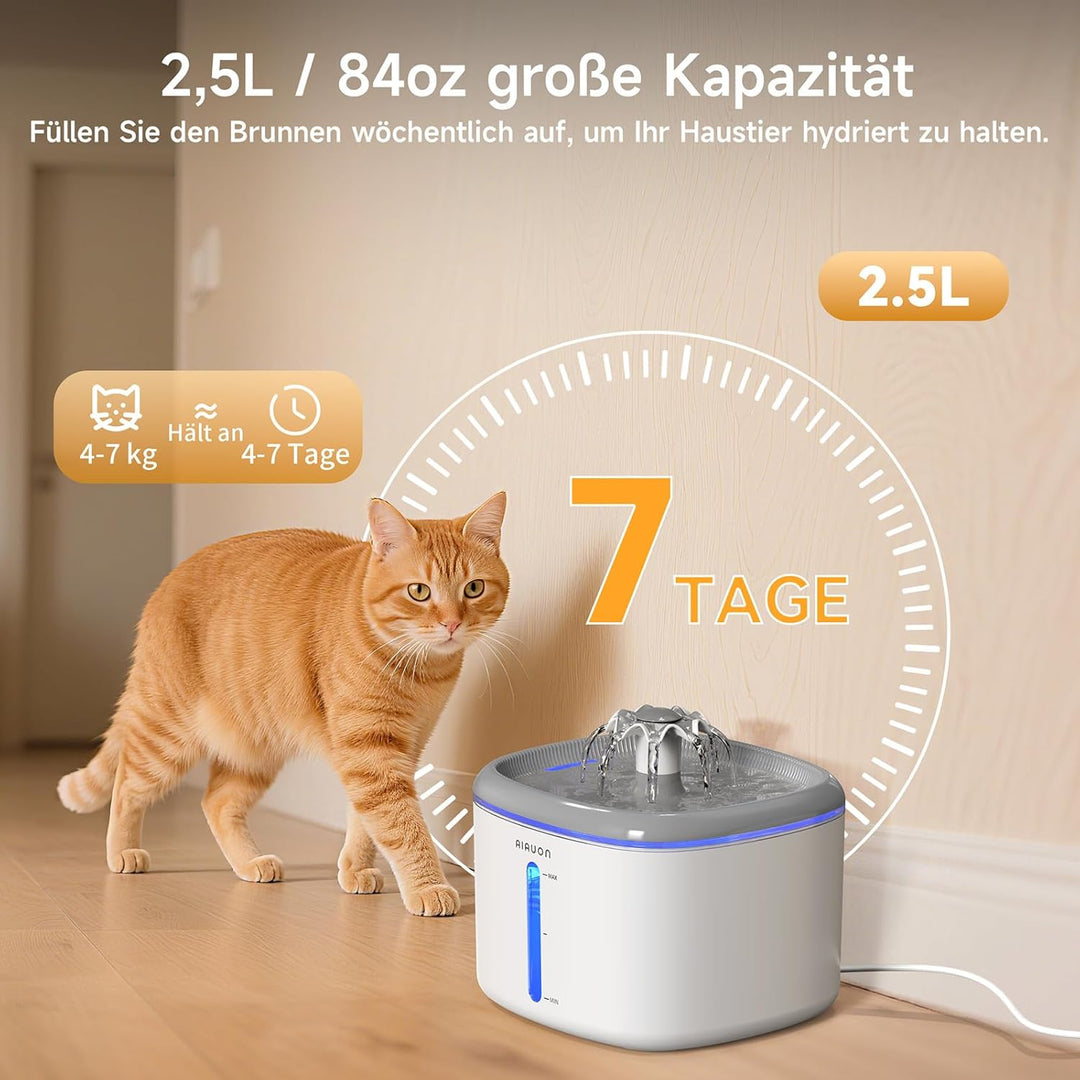 Trinkbrunnen für Katze, 2,5L Katzenbrunnen Leise mit 2 Ersatzfiltern und LED-Wasserstandsfenster für