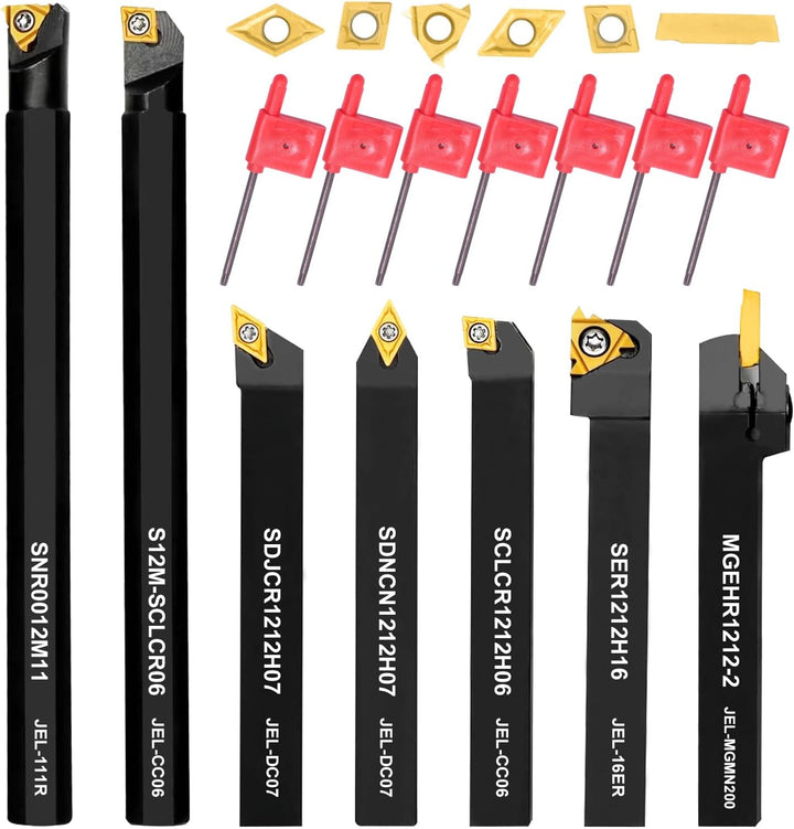 21 Stück Drehmeissel mit Wendeplatten Bohrstange Drehmeisselhalter Set, 7 x Drehmaschinen-Halterung,