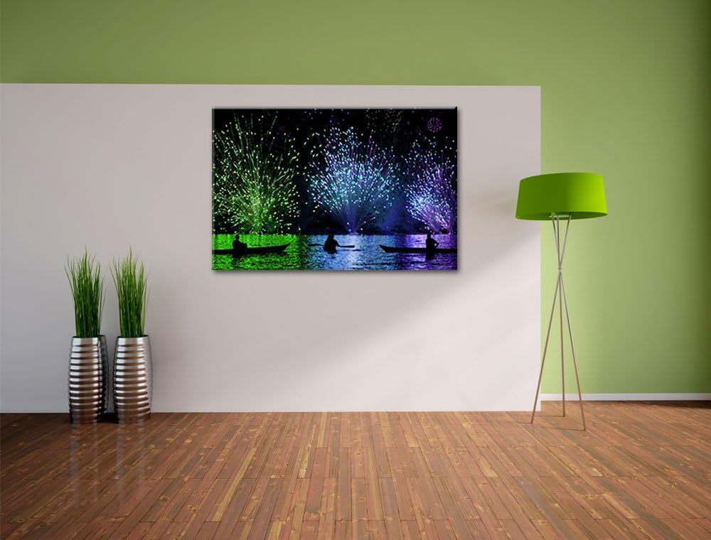 Feuerwerk auf dem Wasser, Format: 100x70 auf Leinwand, XXL riesige Bilder fertig gerahmt mit Keilrah