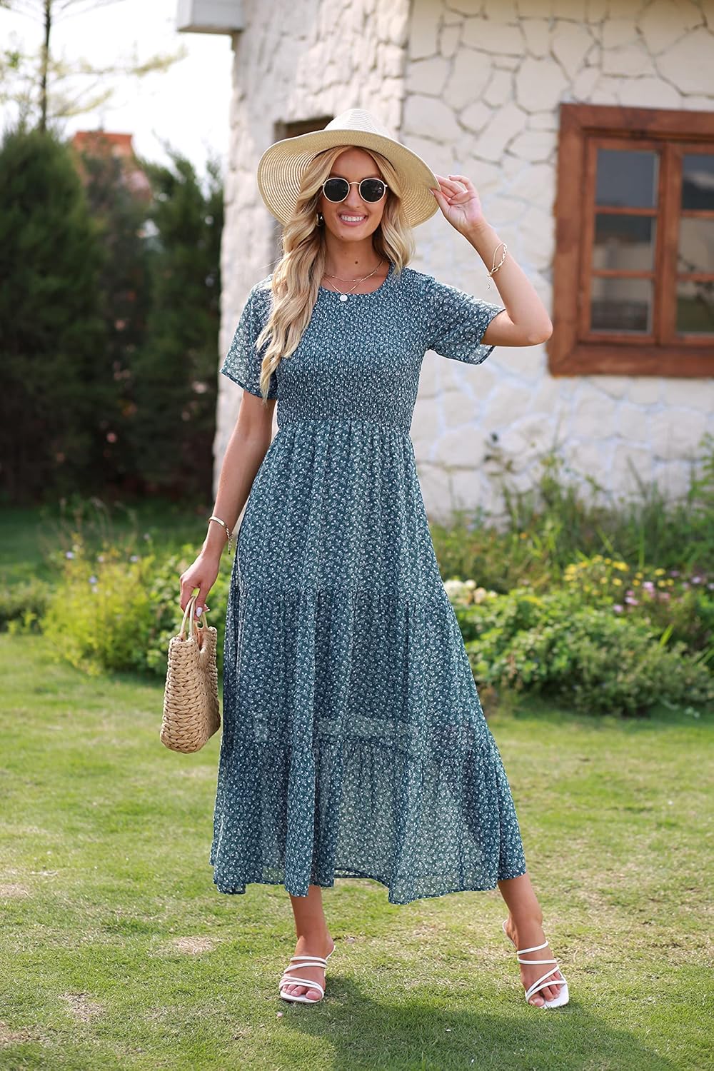 BTFBM Lässiges Sommerkleid für Damen, kurzärmelig, mit Rundhalsausschnitt, Boho-Stil, mit Blumendruc