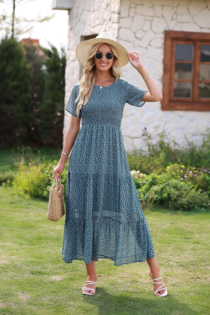 BTFBM Lässiges Sommerkleid für Damen, kurzärmelig, mit Rundhalsausschnitt, Boho-Stil, mit Blumendruc