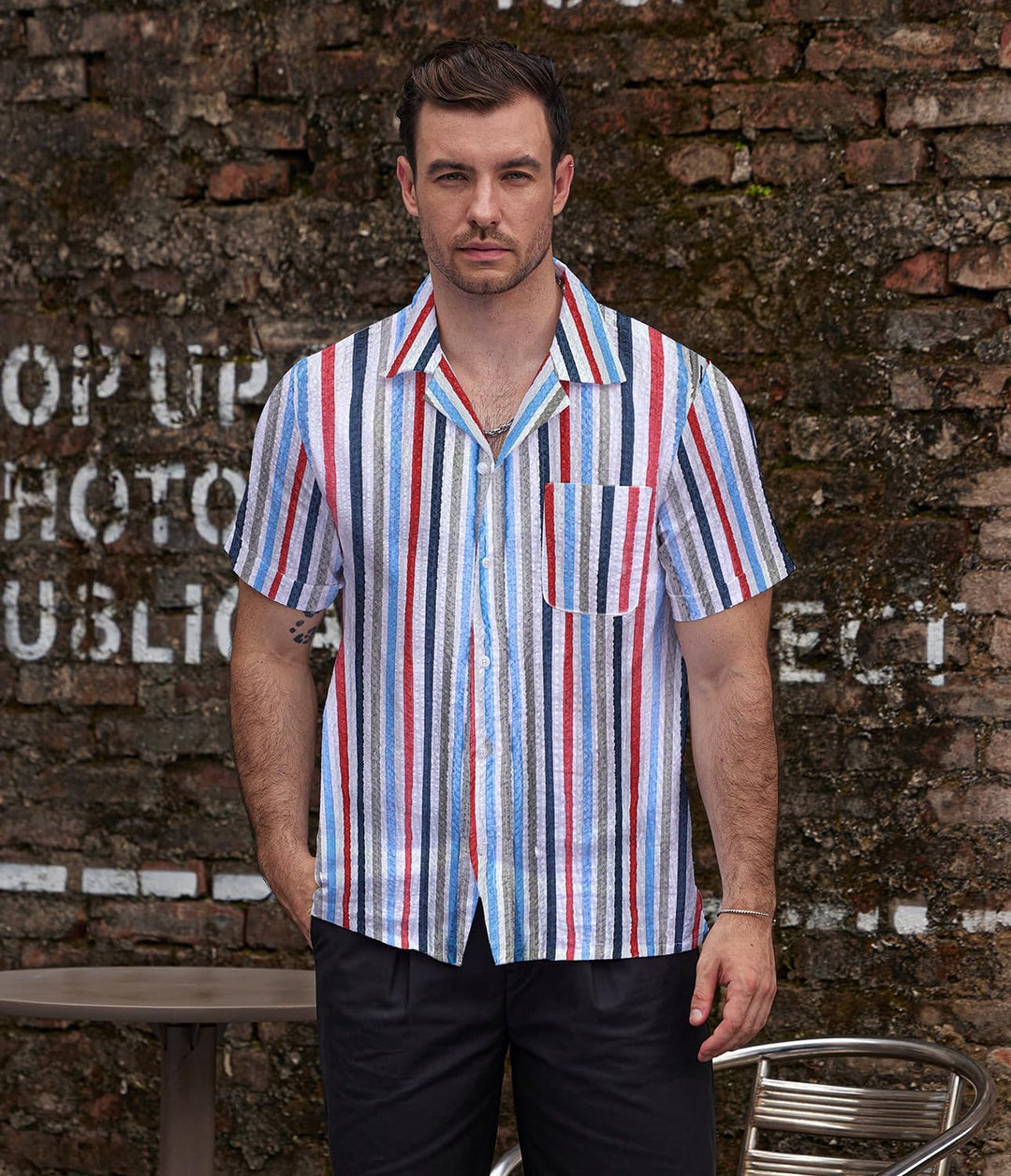 VATPAVE Herren Gestreifte Sommerhemd Casual Button Down Kurzarm Strand HawaiiHemd S Mehrfarbig, S Me