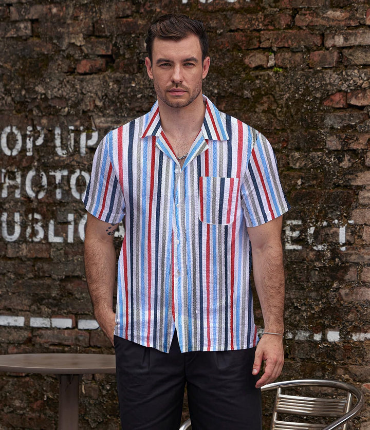 VATPAVE Herren Gestreifte Sommerhemd Casual Button Down Kurzarm Strand HawaiiHemd S Mehrfarbig, S Me