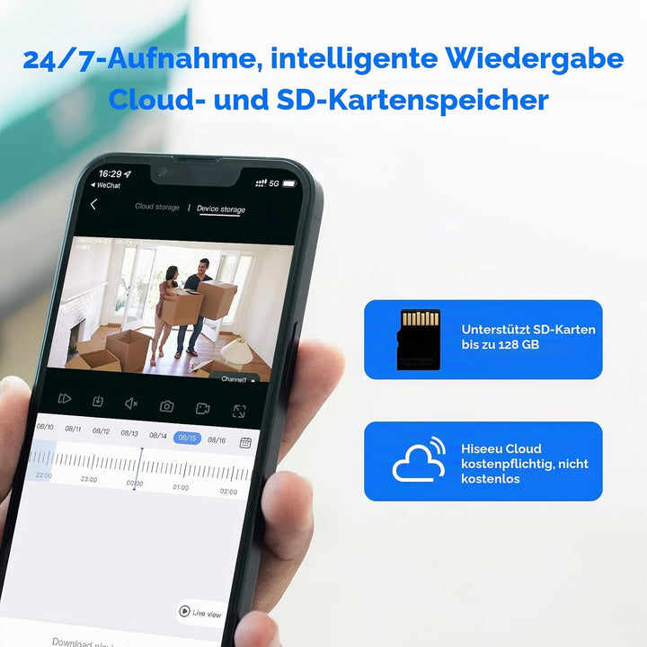 Hiseeu 5 MP Überwachungskamera Aussen-WLAN mit automatischer Verfolgung, 350°/90° schwenkbar, Farbna