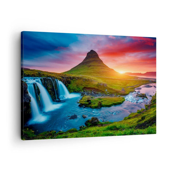 Bilder auf Leinwand Sonnenuntergang Wasserfall Island Vulkan Leinwandbild 70x50cm Wandbilder Dekorat