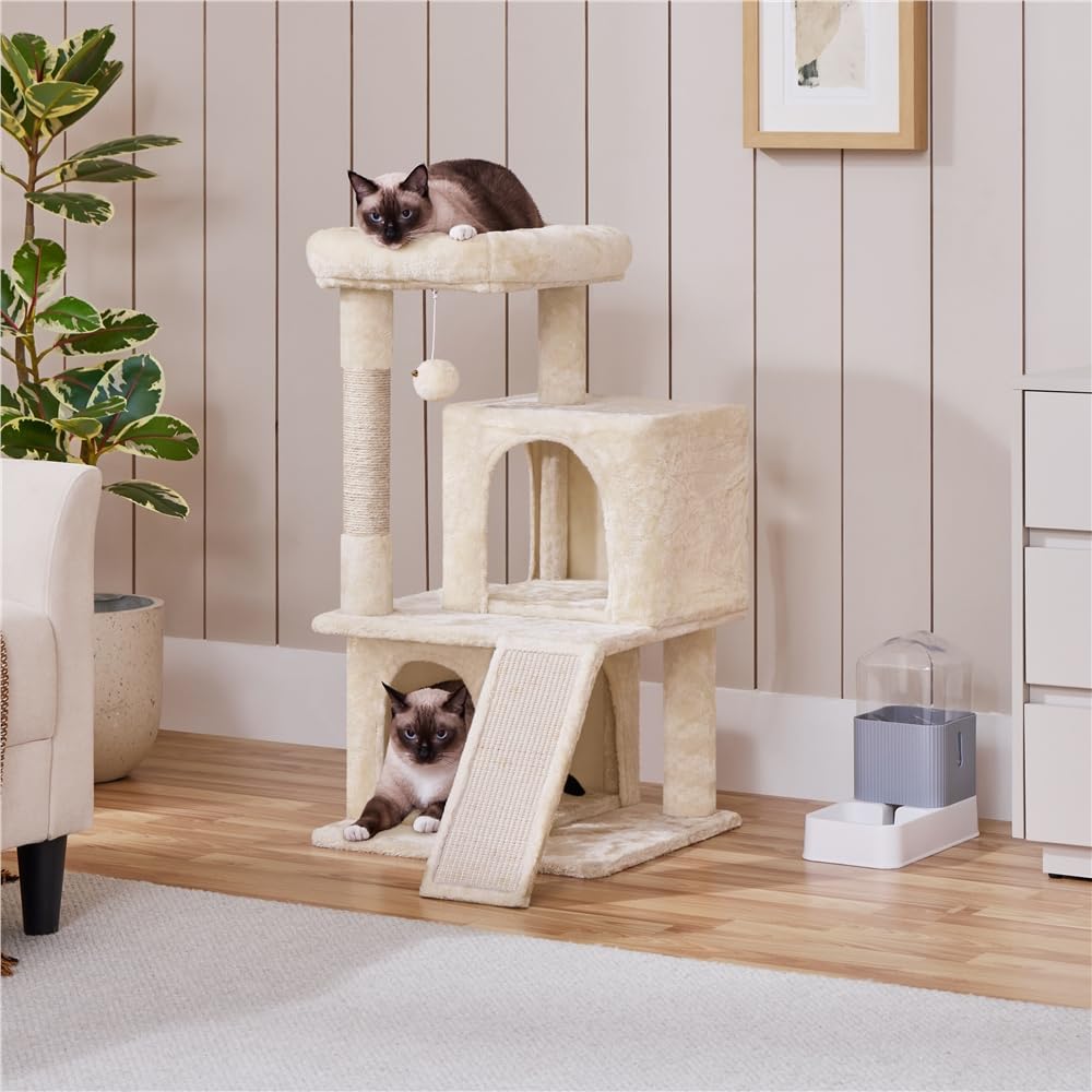 Yaheetech Kratzbaum, Stabiler Katzenbaum 91 cm Katzenkratzbaum, mit 2 Häuschen Sisal und Spielball,