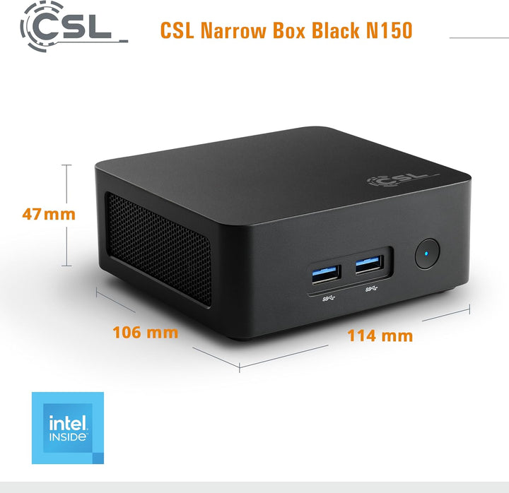 Mini PC CSL Narrow Box Black Windows 11 Home, Intel N150 4X 3600 MHz Turbotakt, 500 GB M.2 SSD, 32 G