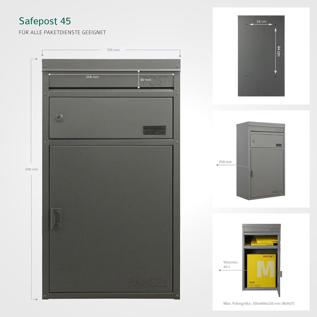Paket-Briefkasten Safepost 45 silbergrau Design-Paketkasten moderne Paketbox RAL 9006