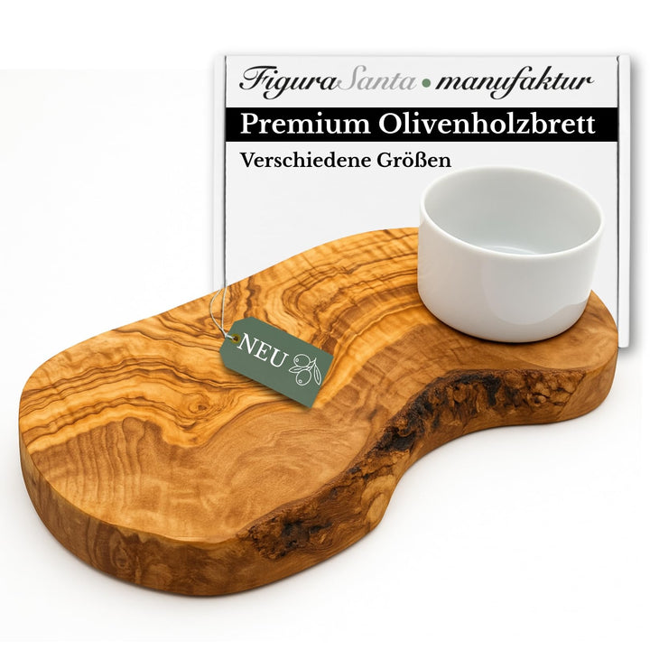 Olivenholzbrett inkl. Porzellanschale - rustikales Schneidebrett/Servierbrett mit Dipschälchen, Holz