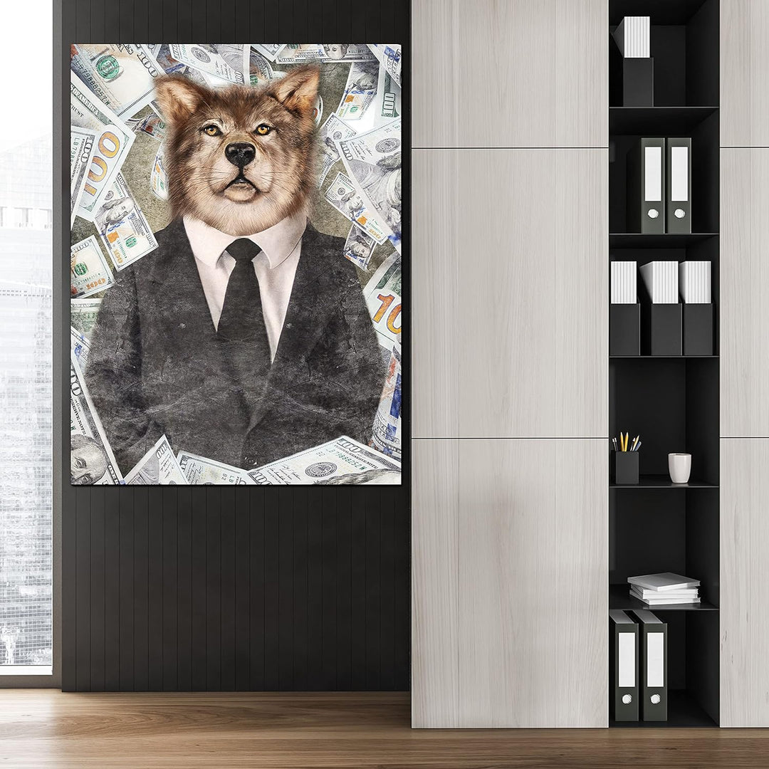 wandmotiv24 Deko Wandbild aus Acrylglas, Grösse 100x75cm, Hochformat, Leit-Wolf im Anzug, Geld, Tier