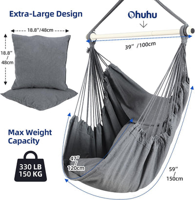 Hängesessel mit 2 Kissen und Deckenhaken-Kit, Ohuhu Hängesessel Outdoor XL Hängestuhl bis 150 kg für