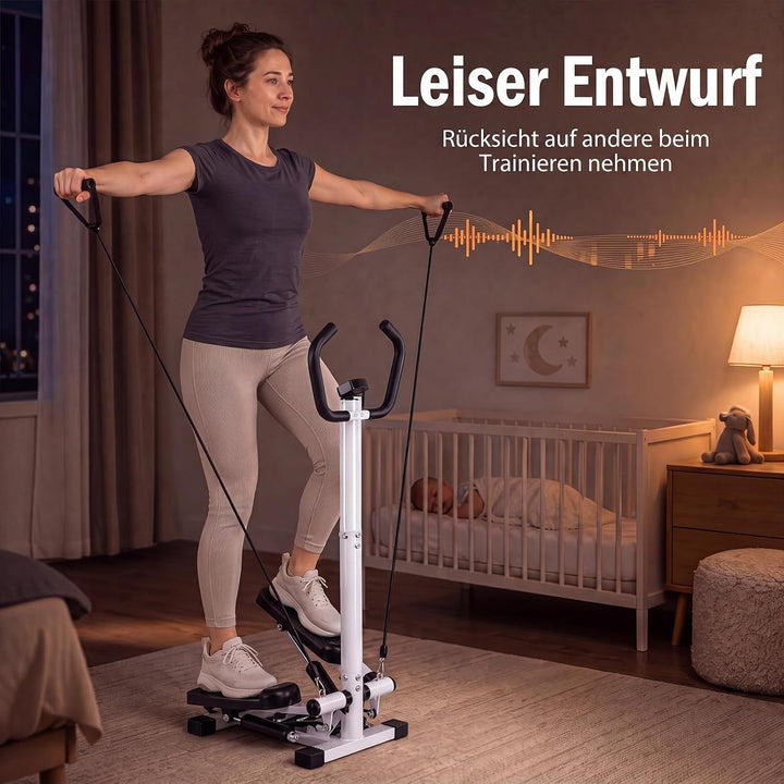 COSTWAY Mini Stepper mit Lenker, leise &amp; rutschfest | Fitness-Stepper mit Widerstandsbändern &amp; LCD D