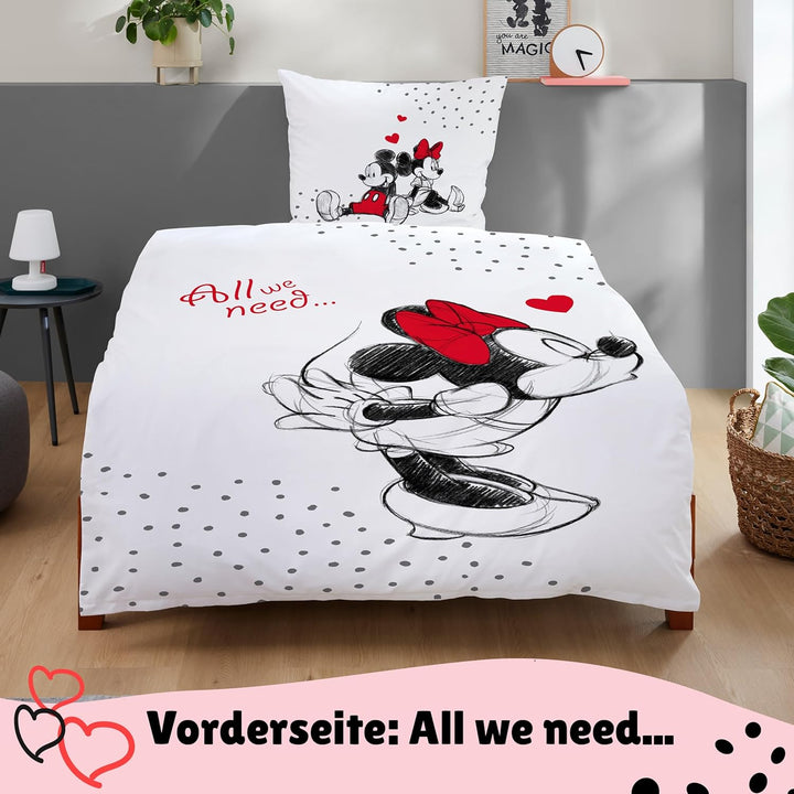 Wende-Bettwäsche Set Disney Classic Mickey und Minnie Mouse in Love 135x200 80x80 cm aus 100% Baumwo