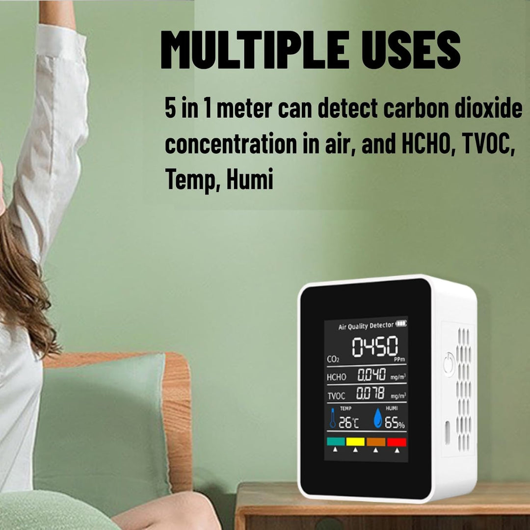 CO2-Detektor ABS-Luftqualitätsmonitor Batteriebetriebener 5-in-1-Kohlendioxid-HCHO-TVOC-Temperatur-H