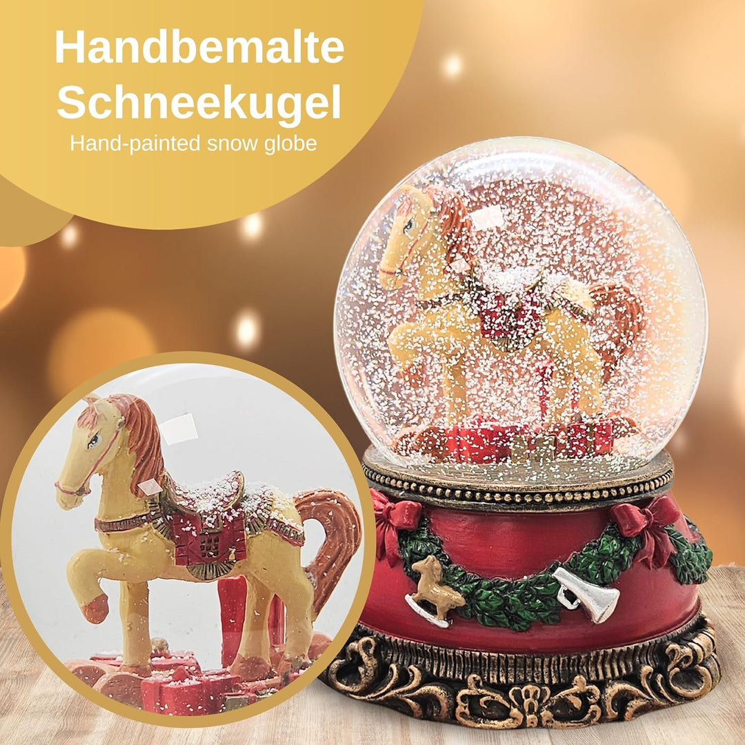 Weihnachts-Schneekugel mit Musik | Schneekugel Schaukelpferd mit Geschenkpaketen | Sockel Weihnachte