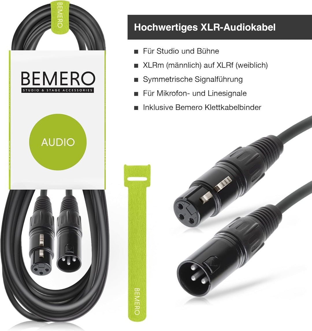 BEMERO XLR Kabel 10m - Mikrofonkabel XLRf auf XLRm - inkl. Klettkabelbinder - Linekabel, symmetrisch