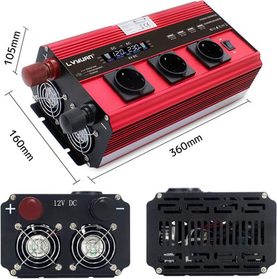 Wechselrichter 12V 230V 3000W /6000W Wechselrichter Fernbedienung 4X USB und LCD 3 AC Steckdosen Mod