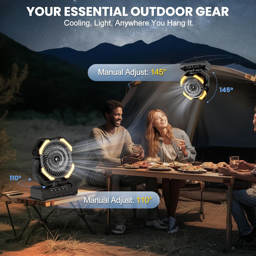 Camping Ventilator mit Sprühkühlung，Akku 20000 mAh & Fernbedienung, 250ml Tank, LED Licht, Aufhängeh