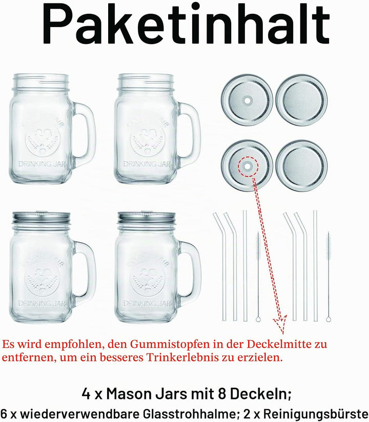 Glas Trinkgläser Mit Deckel und Strohhalm, Vintage Einmachgläser 500ml 4er Mason Jar Wide Mouth Henk