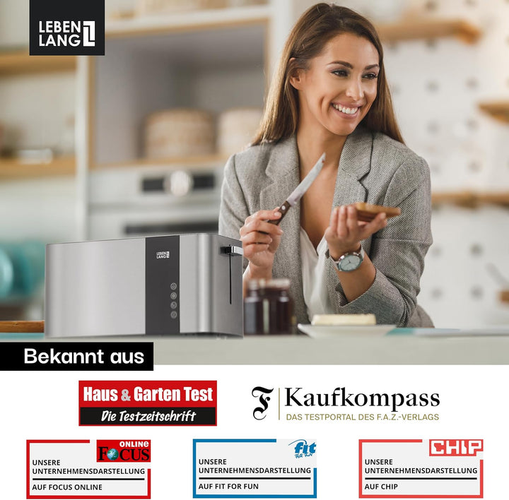 LEBENLANG Langschlitz Toaster 4 Scheiben mit Brötchenaufsatz - Touchscreen LED Display & 7 Stufen I