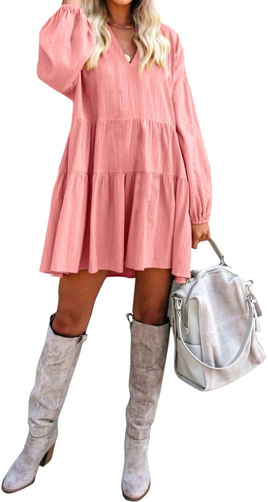 FANCYINN Damen Cute Shift Kleid mit Taschen Glockenärmel Rüschen Saum V Ausschnitt Lose Swing Tunika