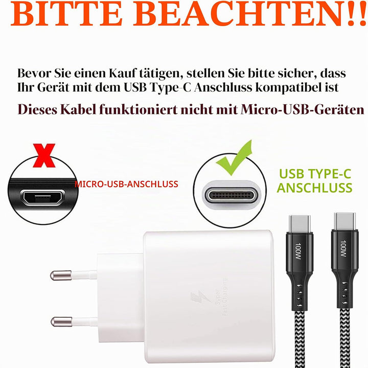 45W USB C Schnellladegerät Super Fast Netzteil USB C Ladegerät mit (2m, 100W) USB C Nylon Kabel für